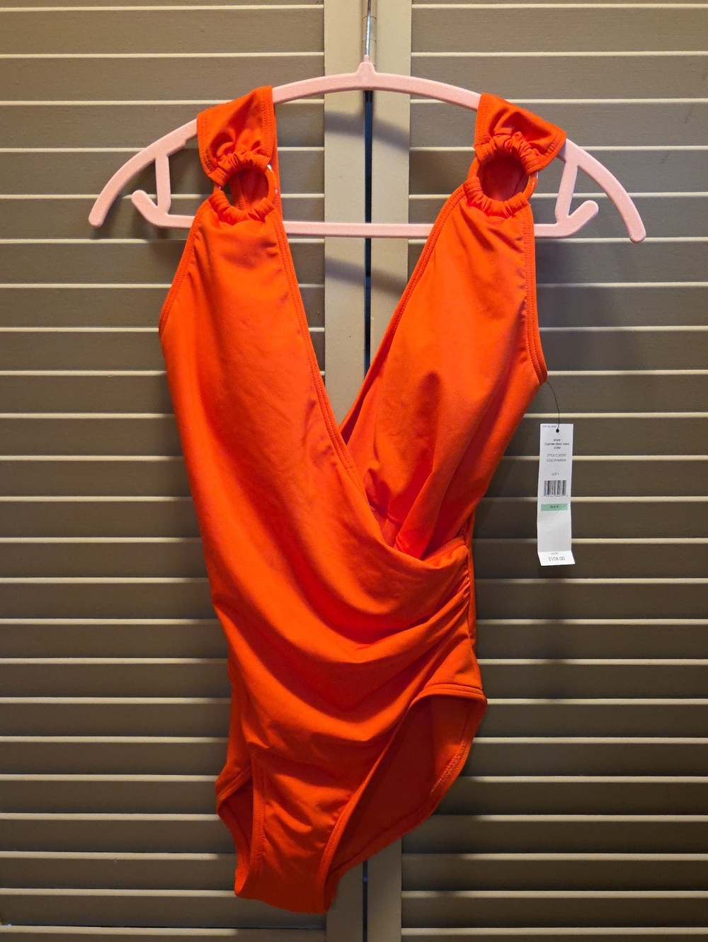Carmen Marc Valvo Bright Orange One-Piece with Ring-Detail Straps